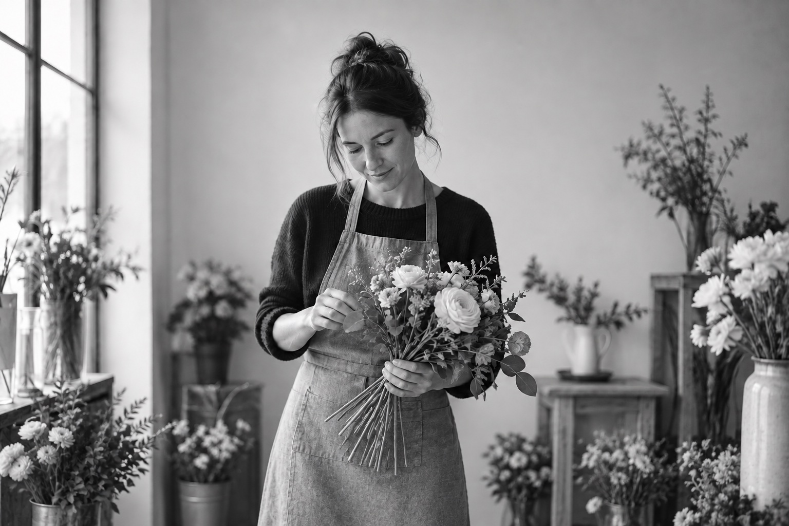 A flower shop owner standing among flowers and arranging a bouquet