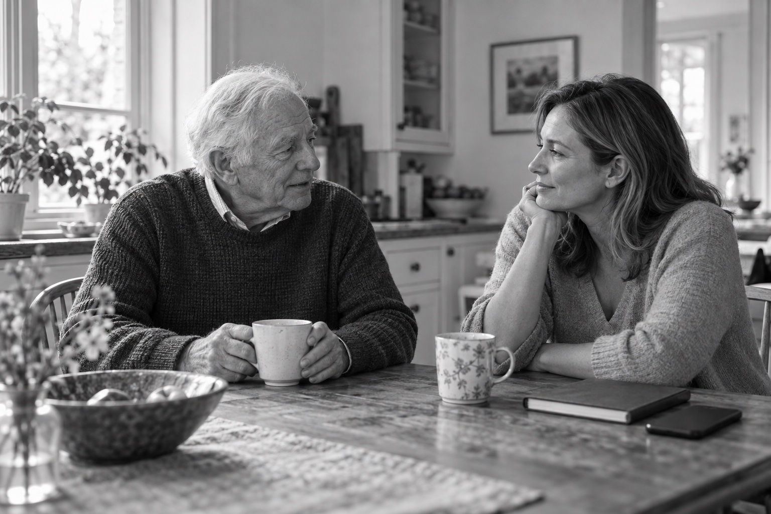 An older man and his adult daughter sharing a conversation over tea at home.